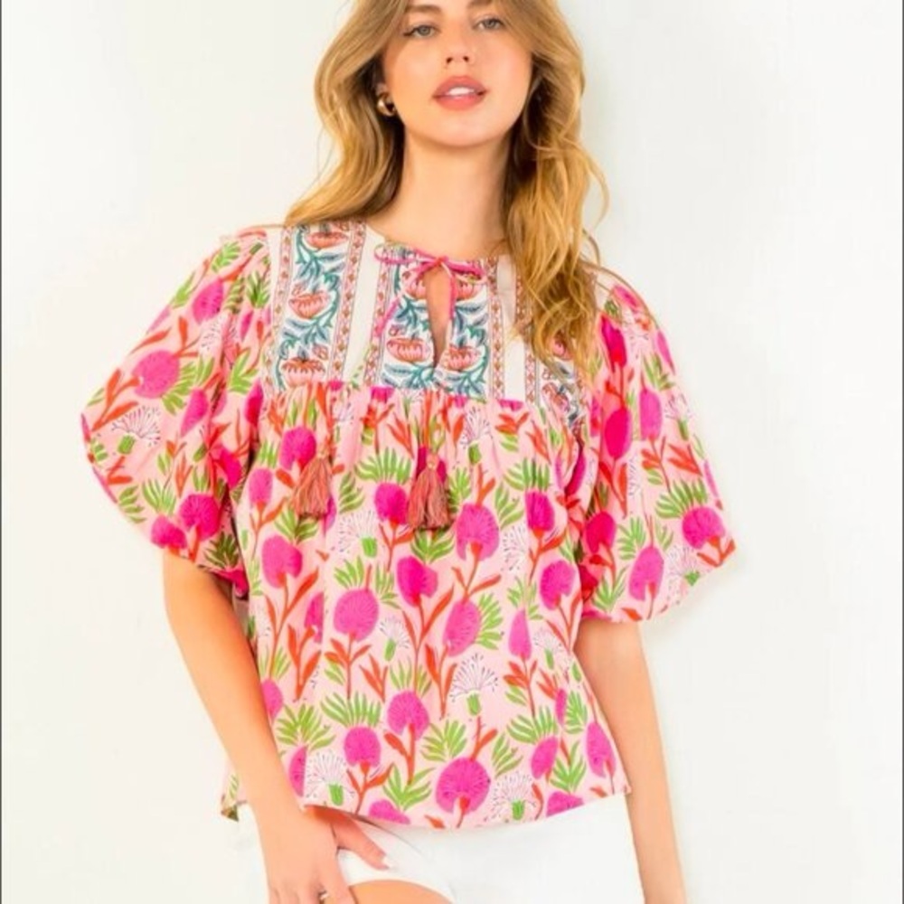 THML Pink Floral Tassel Peasant Blouse